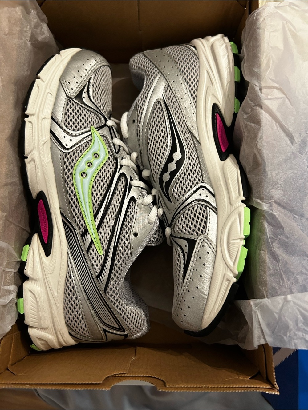 Saucony Silver Mesh Running Shoes with Lime and Pink Accents